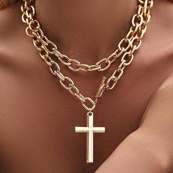 Jewelry - Chunky Gold Cross Necklace for Women Layered Necklace Retro Big